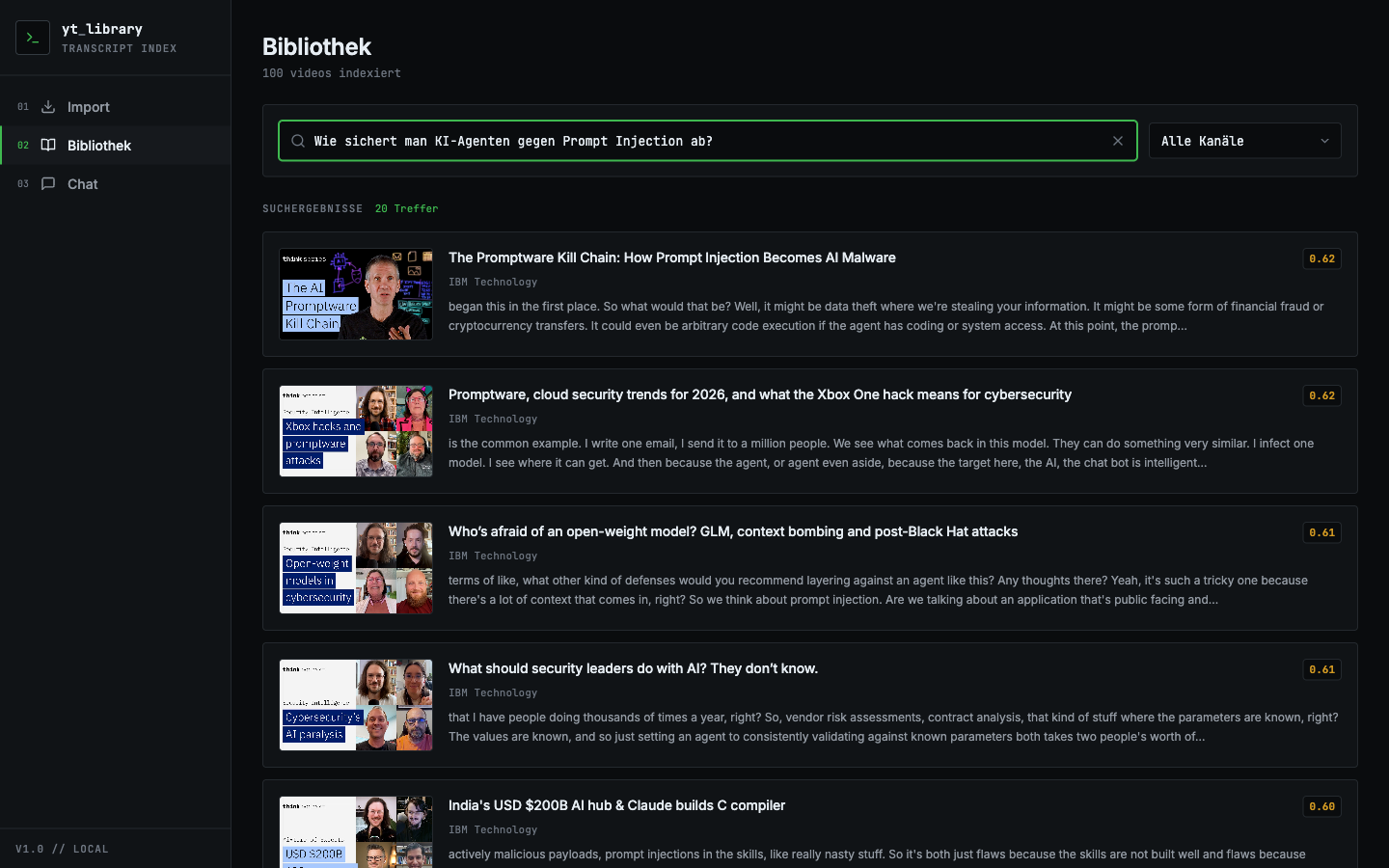 Bibliothek: Die Frage „Wie sichert man KI-Agenten gegen Prompt Injection ab?“ findet passende Stellen über alle Kanäle
